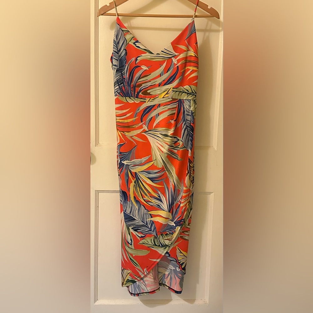 MOCI PURPLE RAIN Y2K Dress Tropical Print Mock Wrap Spaghetti Strap Stretch EUC